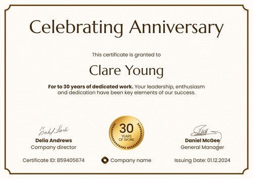 Formal and editable work anniversary certificate template landscape