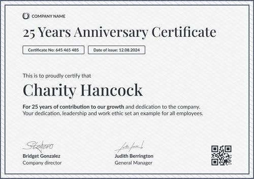 Formal and organized work anniversary certificate template landscape