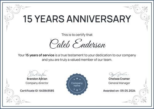 Formal and fancy work anniversary certificate template landscape