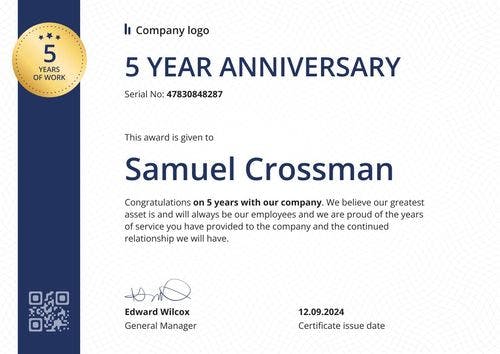 Transparent and professional work anniversary certificate landscape