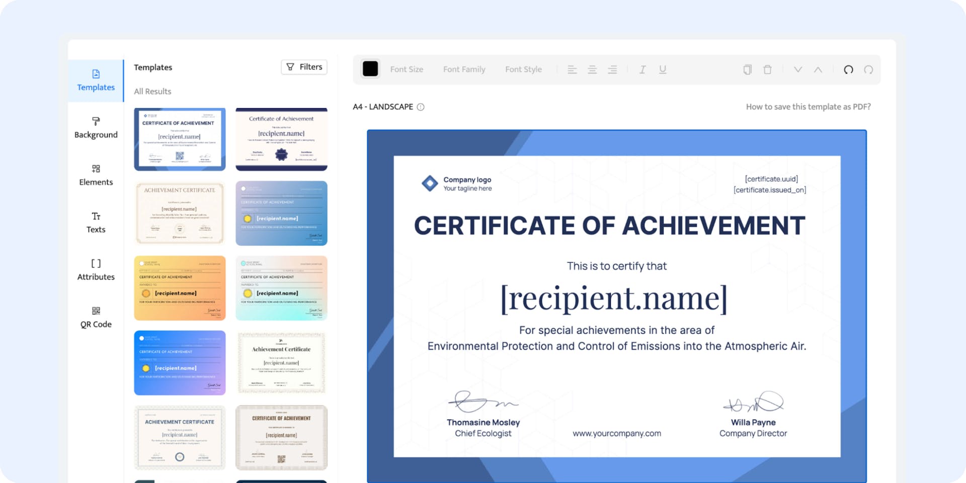 Certifier design builder templates tab to choose printable certificate to customize.