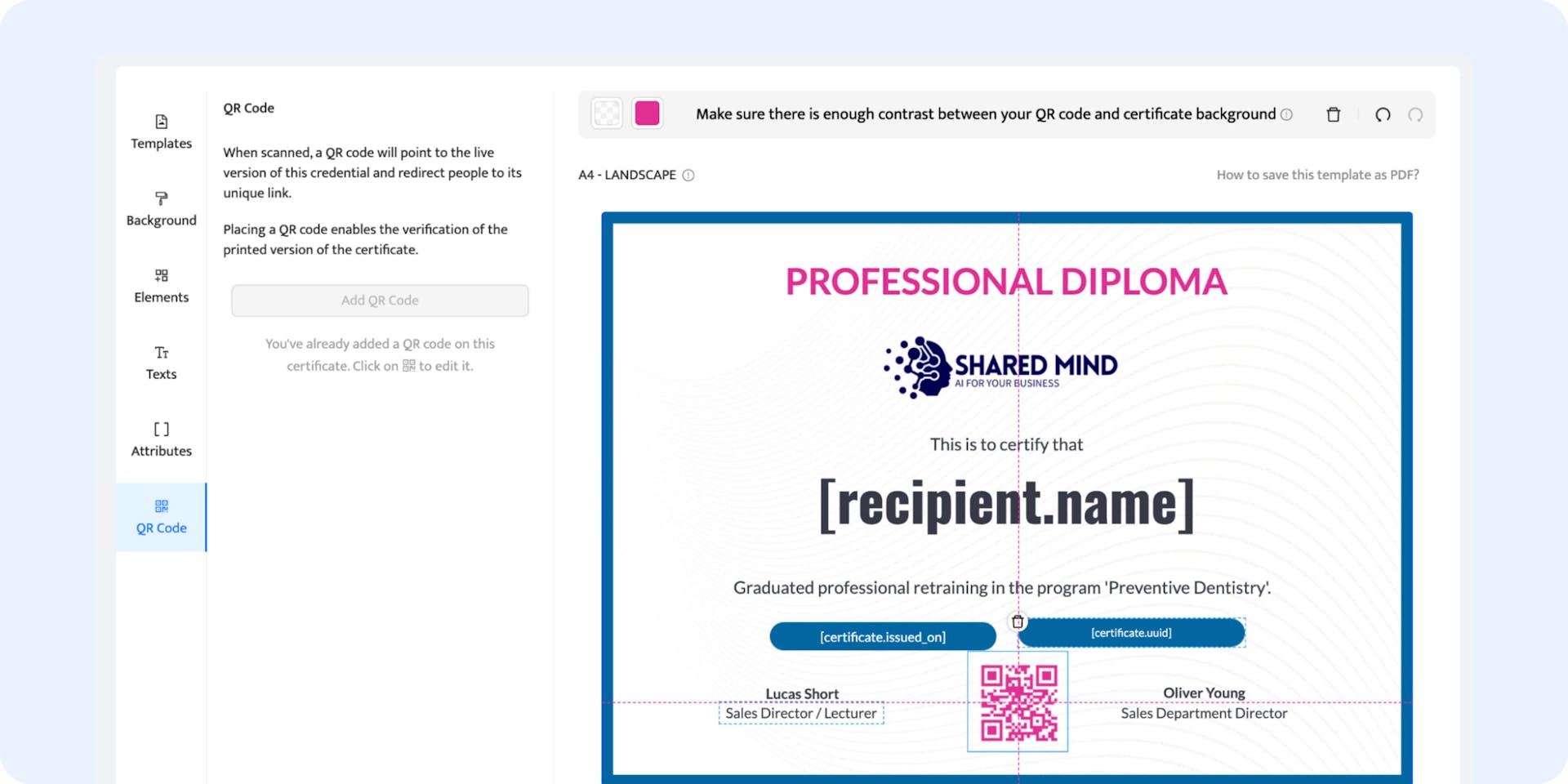 The QR code tab to generate qr codes for each certificate design individually.