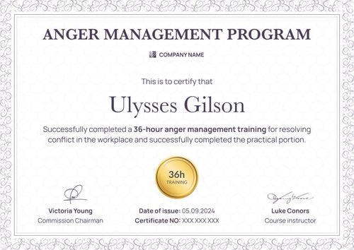 Formal and framed anger management certificate template landscape