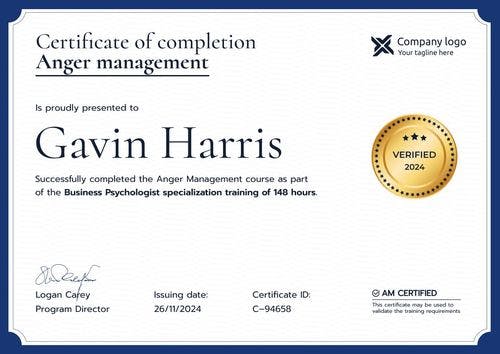 Minimalistic and formal anger management certificate template landscape
