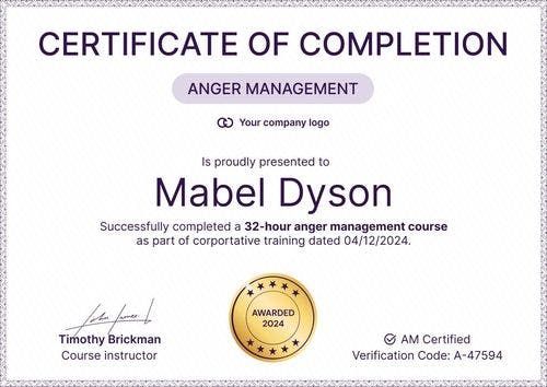 Formal and gentle anger management certificate template landscape