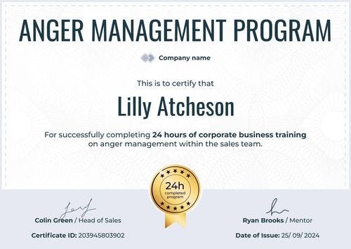 Printable and formal anger management certificate template landscape