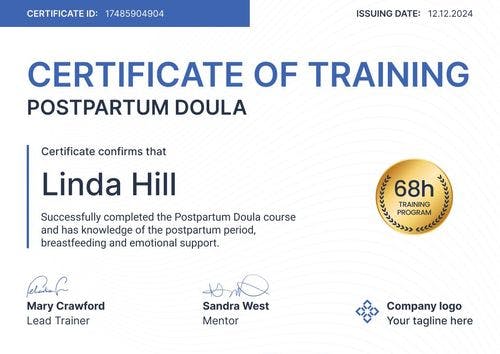 Modern and professional doula certificate template landscape