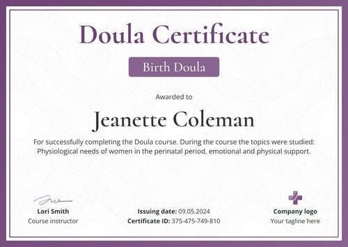 Chic and professional doula certificate template landscape