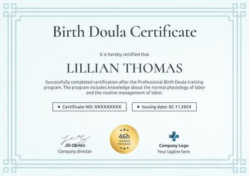 Elegant and professional doula certificate template landscape