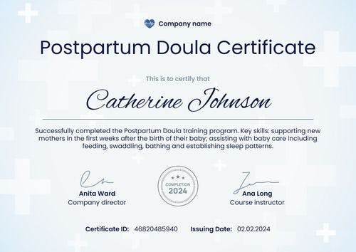 Clinical and professional doula certificate template landscape
