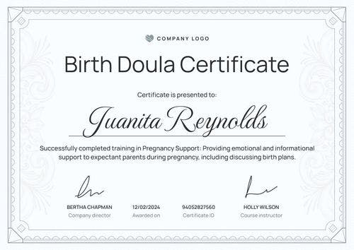 Stylish and professional doula certificate template landscape