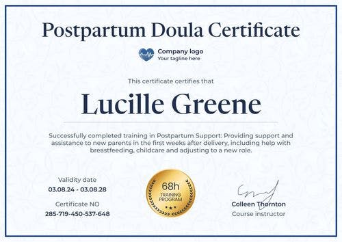 Polished and professional doula certificate template landscape