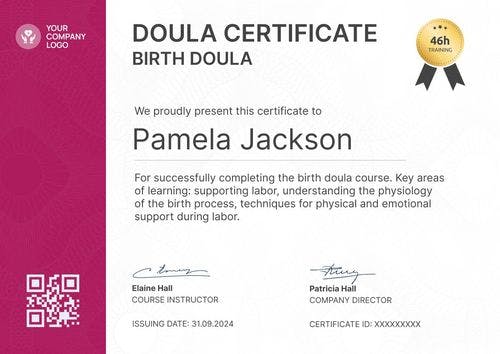 Vibrant and professional doula certificate template landscape