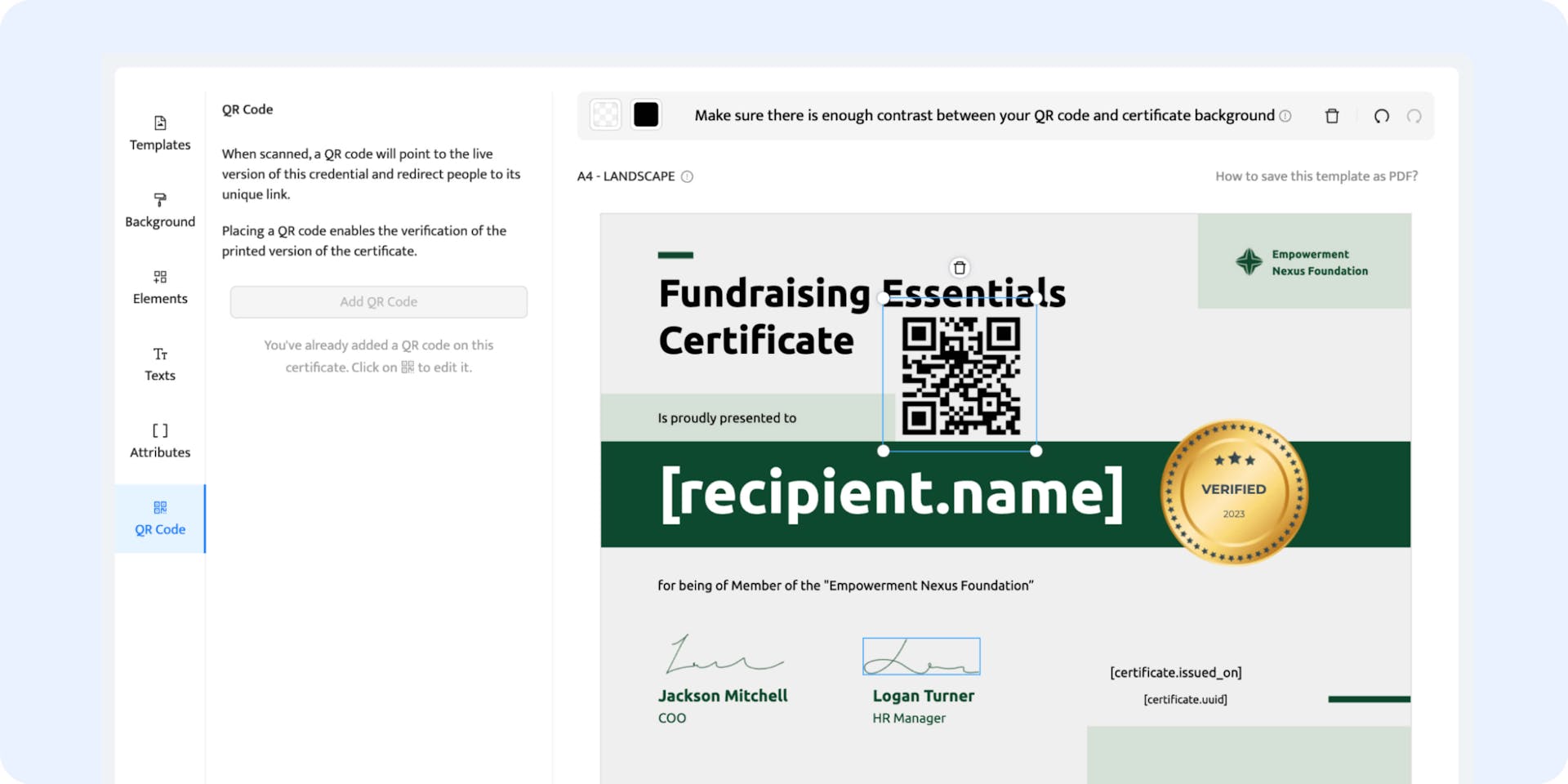 Adding a QR code to the certificate as an update.