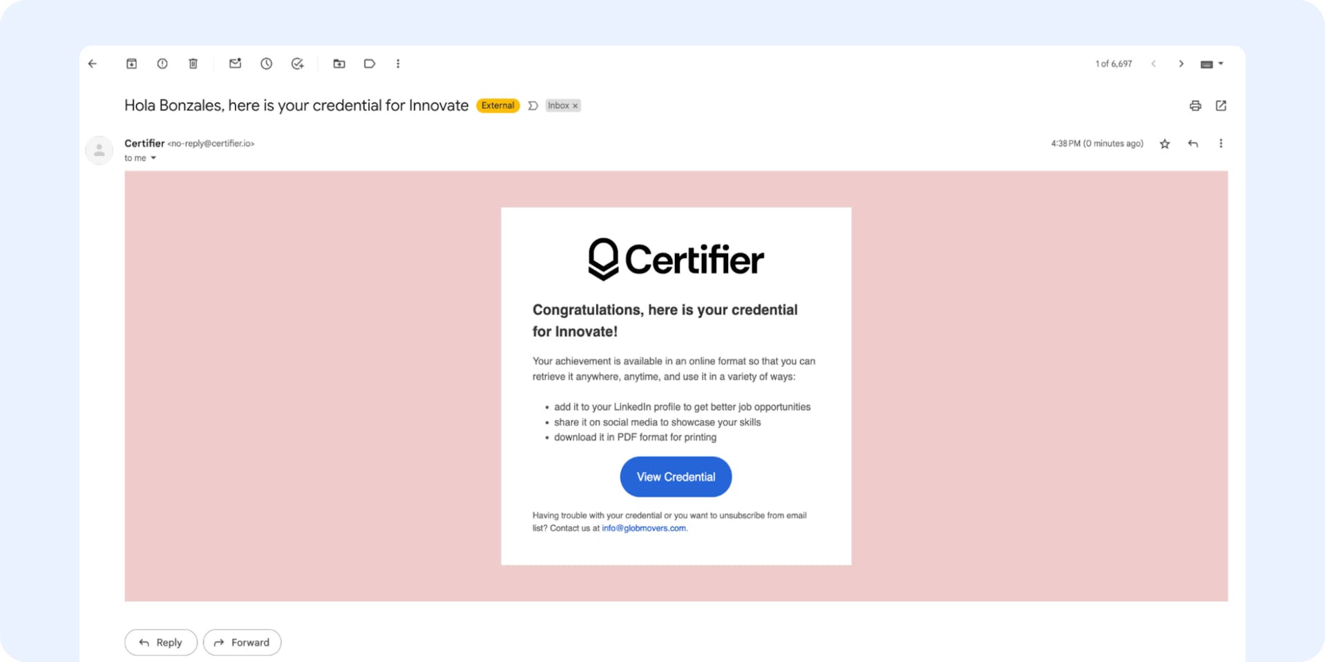 The example of the email which the recipients' get after sending the certificate.