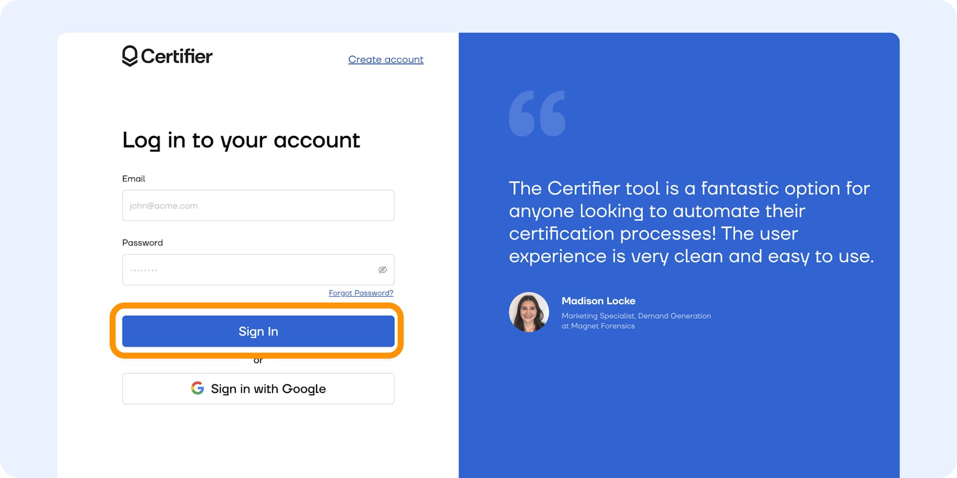 Sign-up page to create an account in Certifier and create LinkedIn credentials.