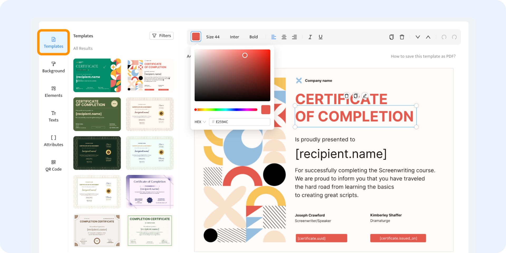 Choosing the certificate template that will recipients share on social media.