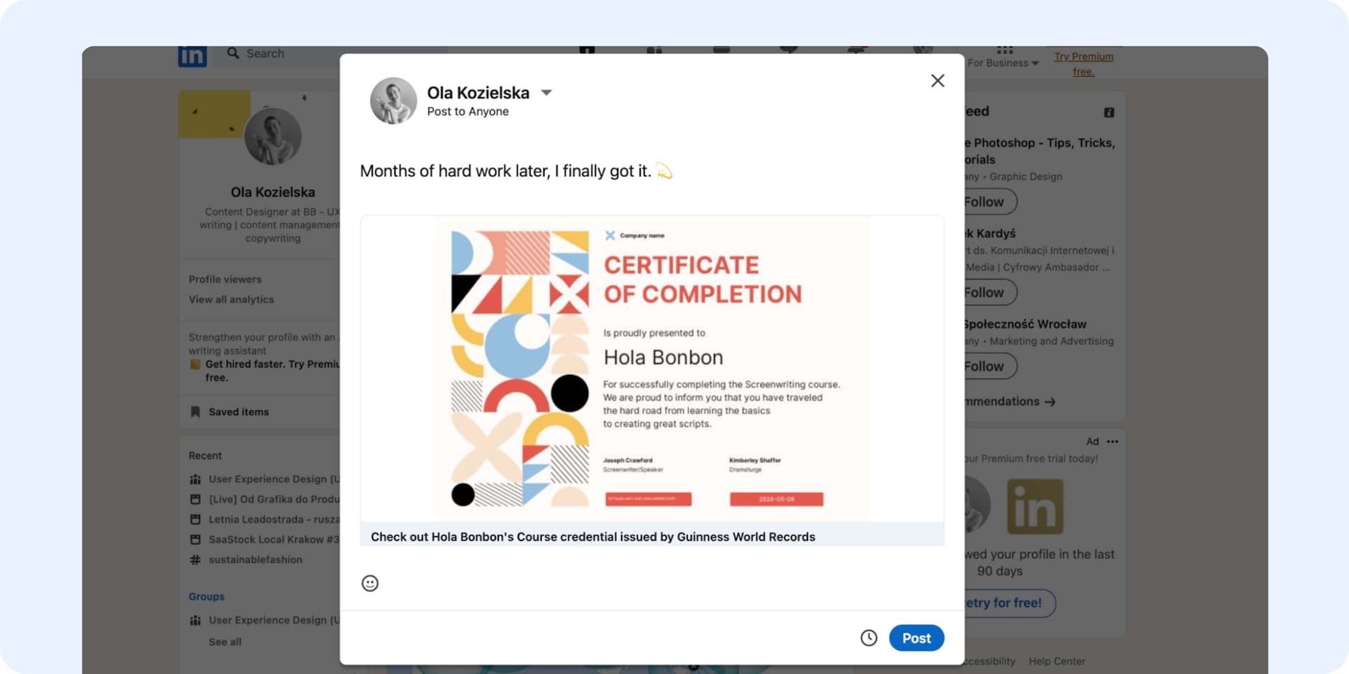 Sharing certificate as a post on LinkedIn.