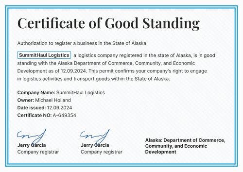 Authentic and professional certificate of good standing template landscape