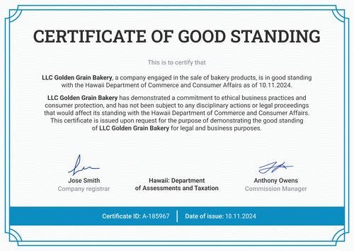 Trustworthy and professional certificate of good standing template landscape