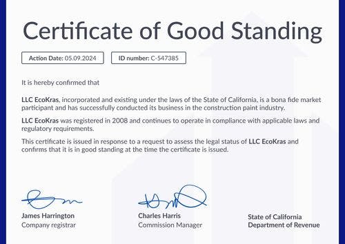 Formal and professional certificate of good standing template landscape