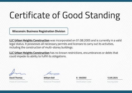 Elegant and professional certificate of good standing template landscape