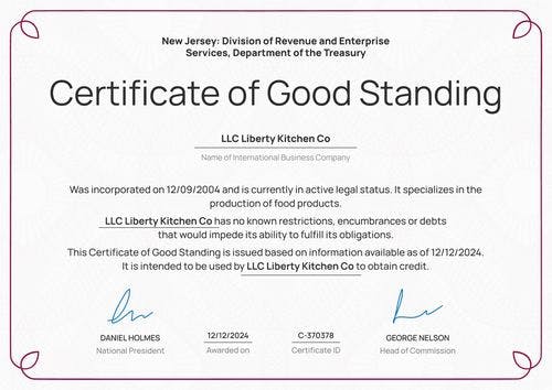 Detailed and professional certificate of good standing template landscape