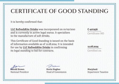 Legitimate and professional certificate of good standing template landscape