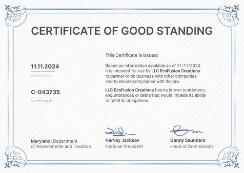 Prestigious and professional certificate of good standing template landscape