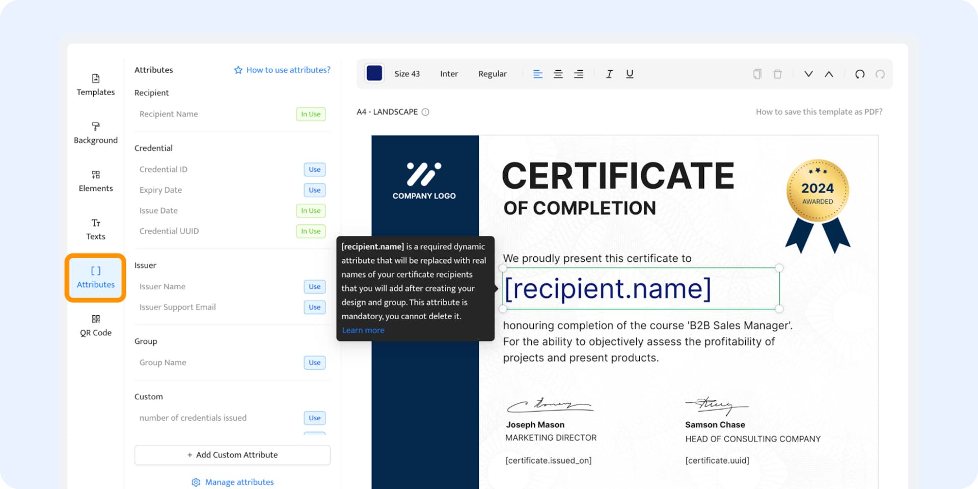 Adding dynamic attributes to generate QR code certificates.