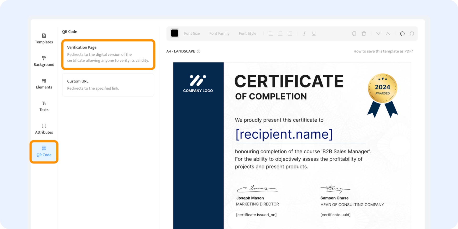 Adding QR code to the certificate as a verification page.
