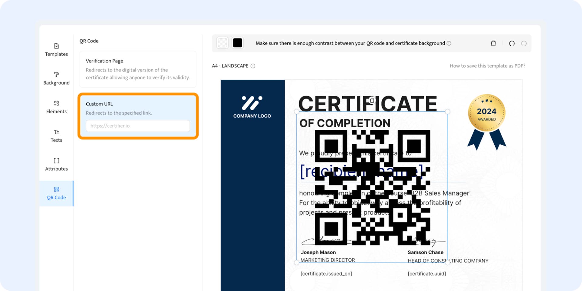 Adding a QR code to the certificate with a static custom URL.