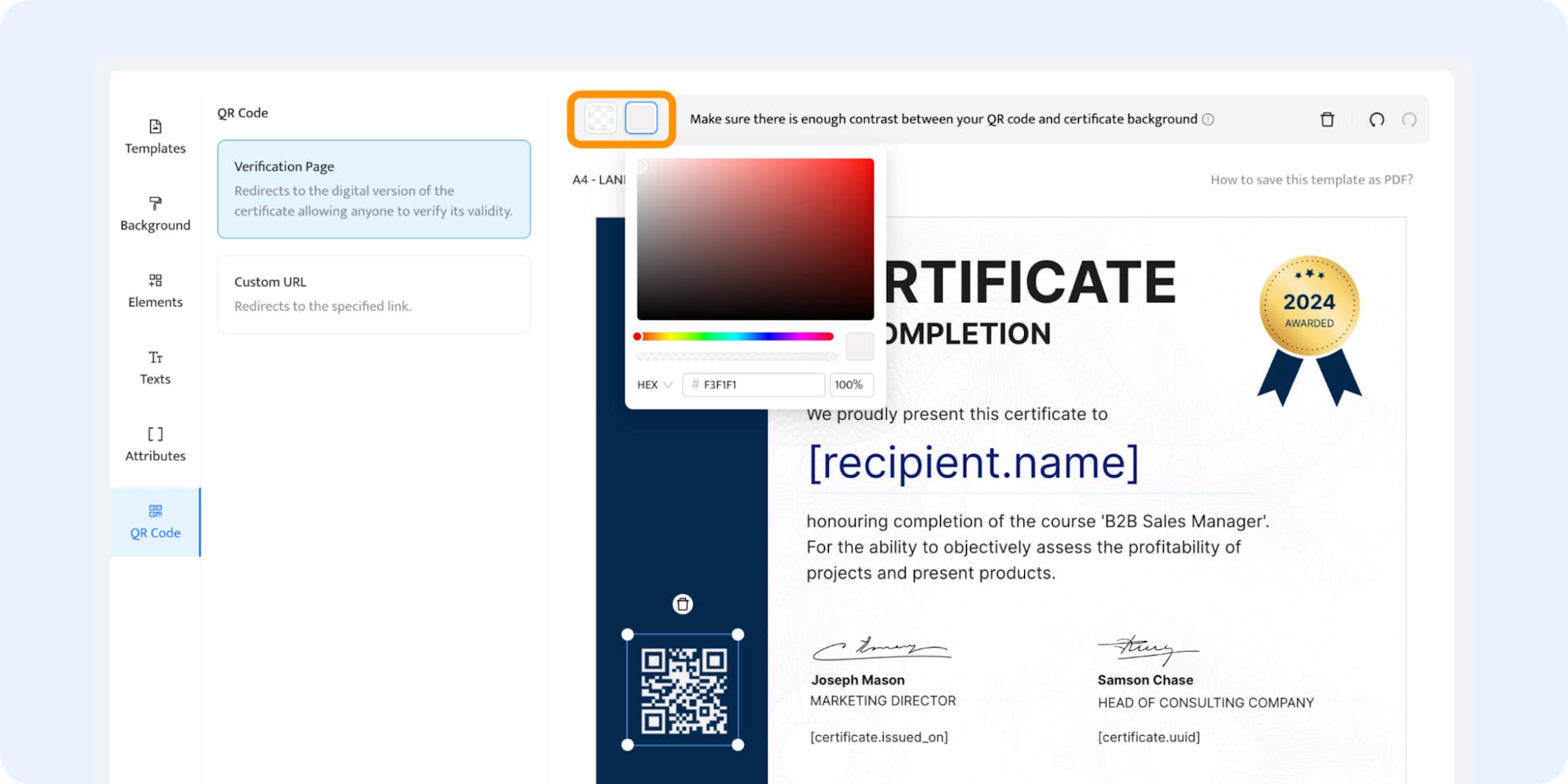 Changing the QR code color within the Certifier dashboard.