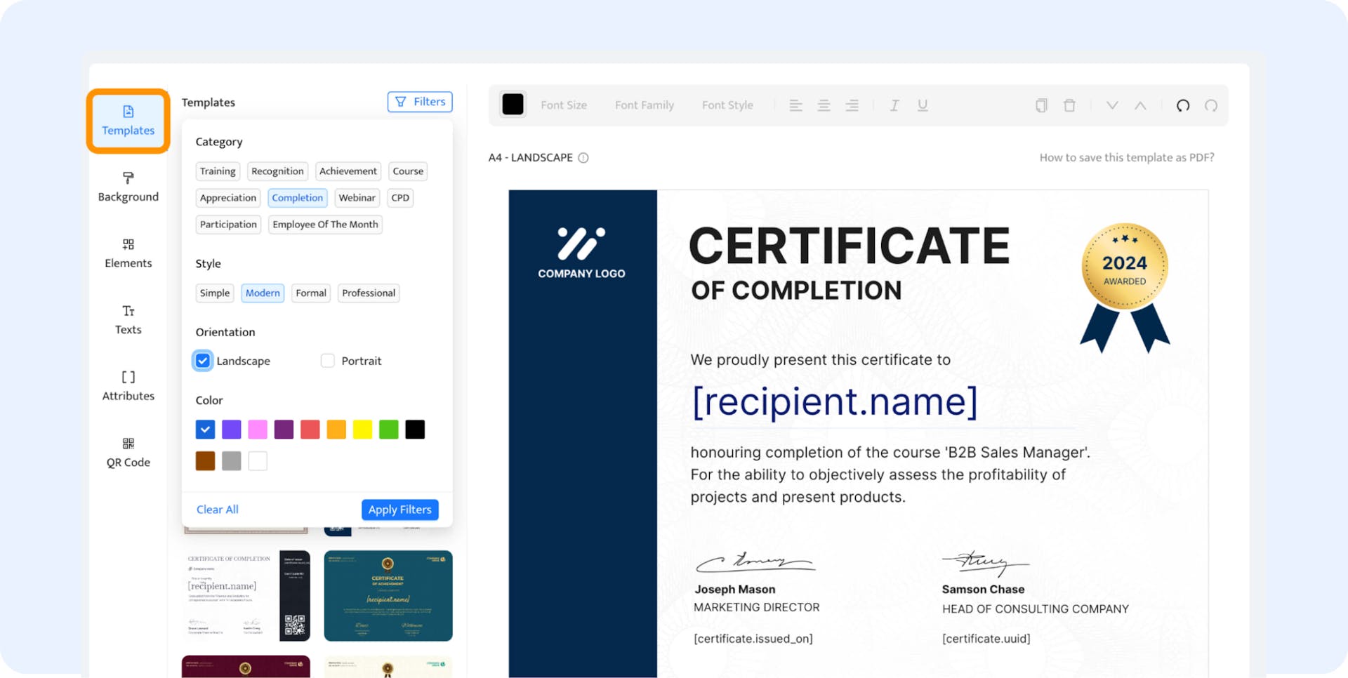 Selecting the QR code certificate template within the Certifier certificate tool.