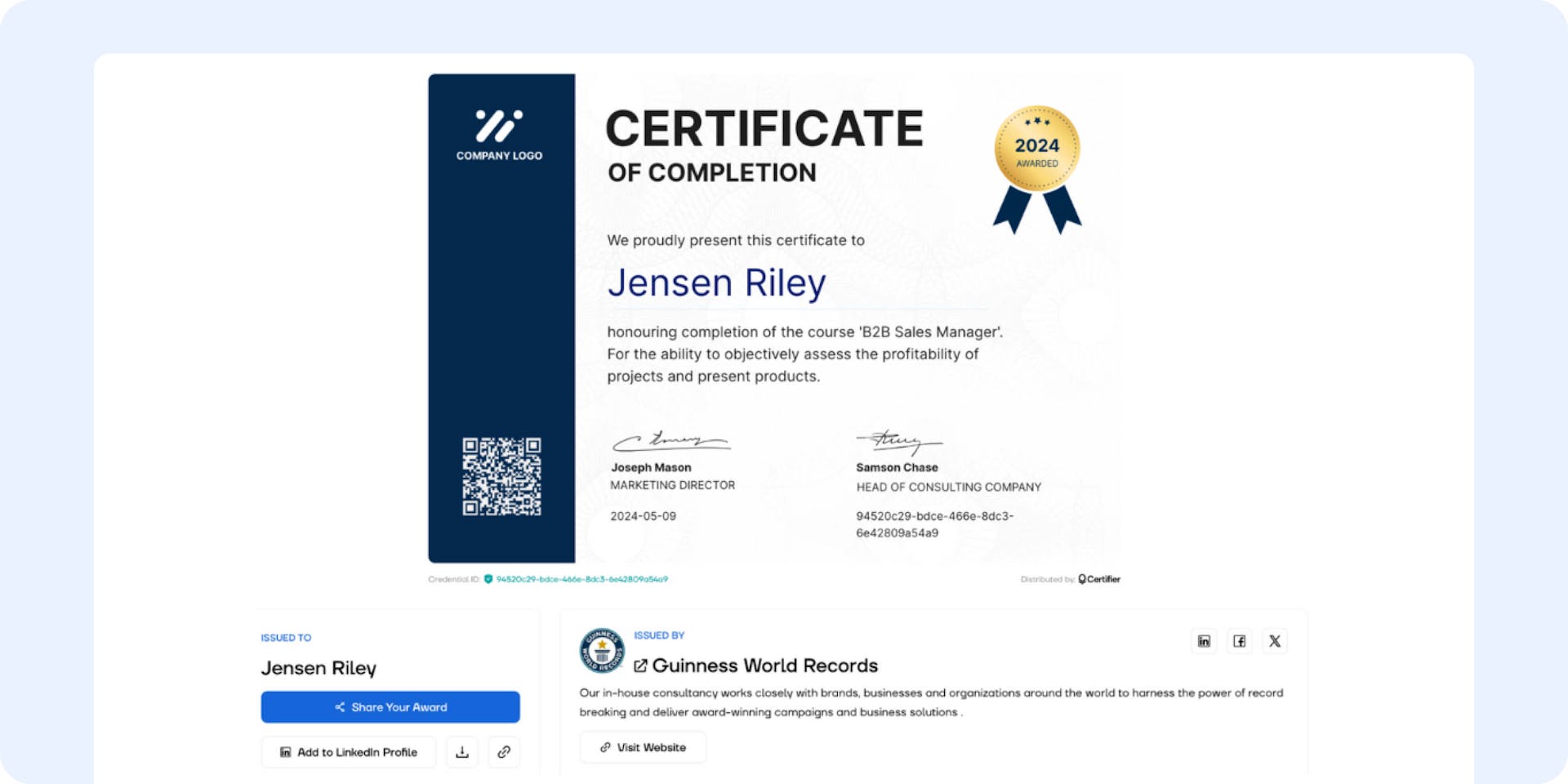 The verification page that can be accessed through the QR code on the certificate.