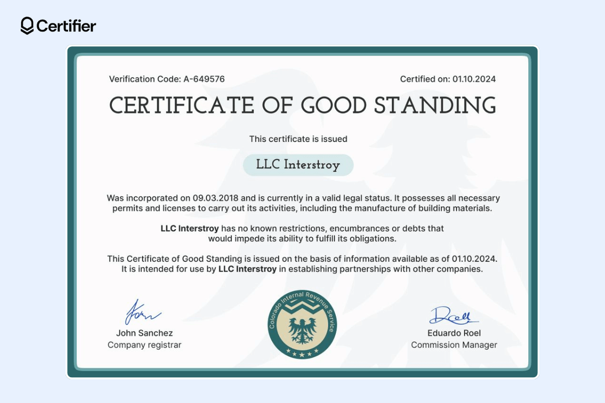 The certificate of good standing template with a thick green frame, white background with a light gray shadow of an eagle, verification code, date of issuance.