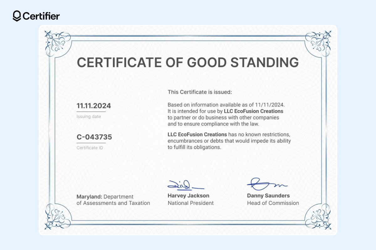 The certificate of good standing with a white background with a delicate gray texture, a double frame in blue color made in an old-fashioned style, decorative elements in the corners.