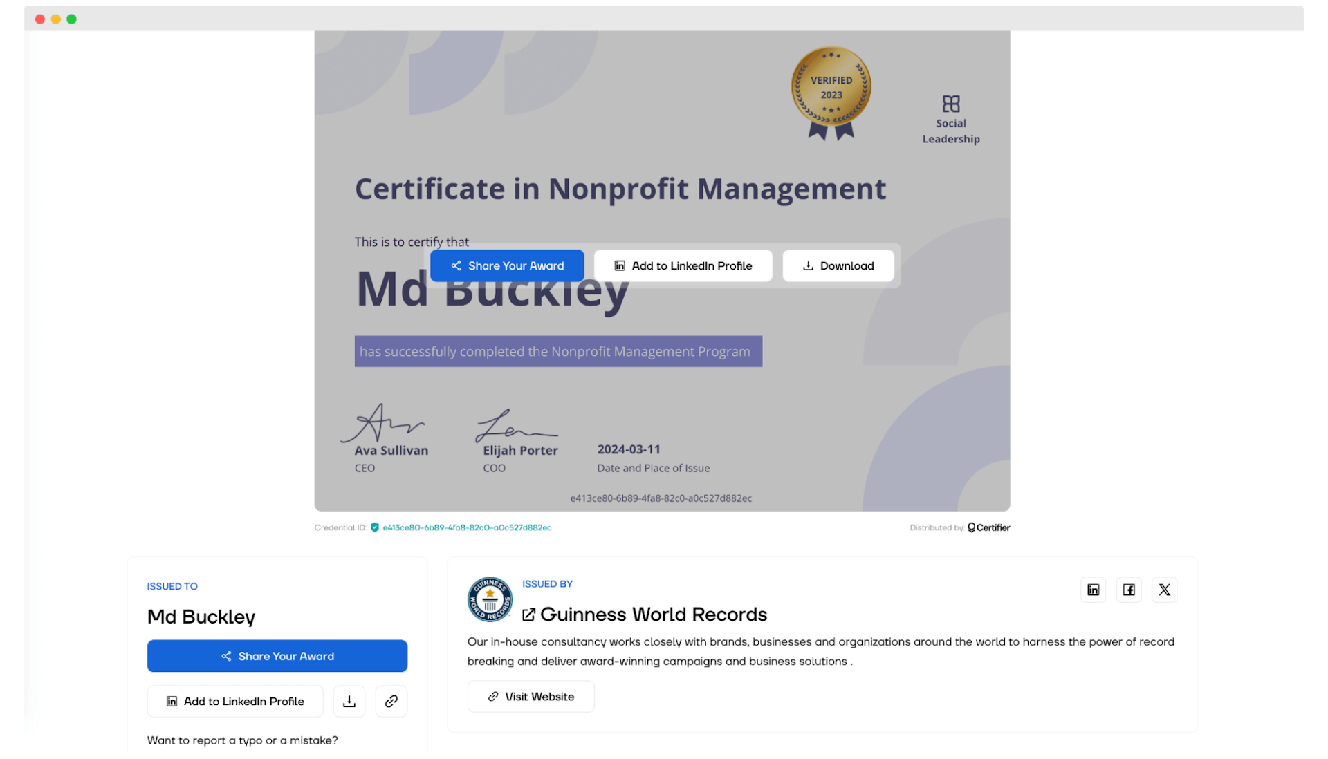The verification page example that the recipient can access via the QR code on the custom certificate.