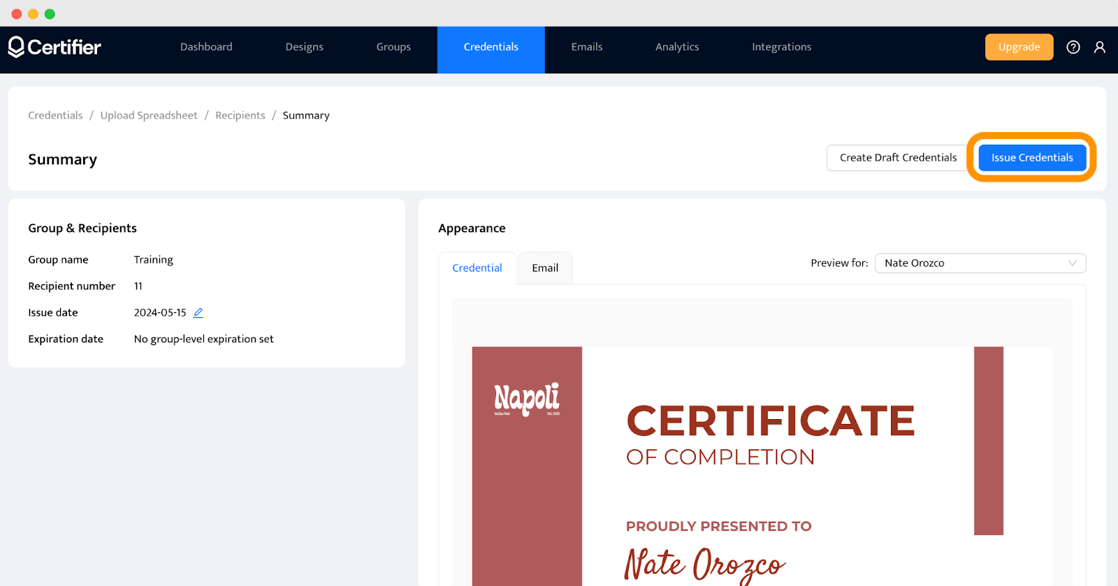 Issuing DIY certificates in bulk within the Certifier dashboard.