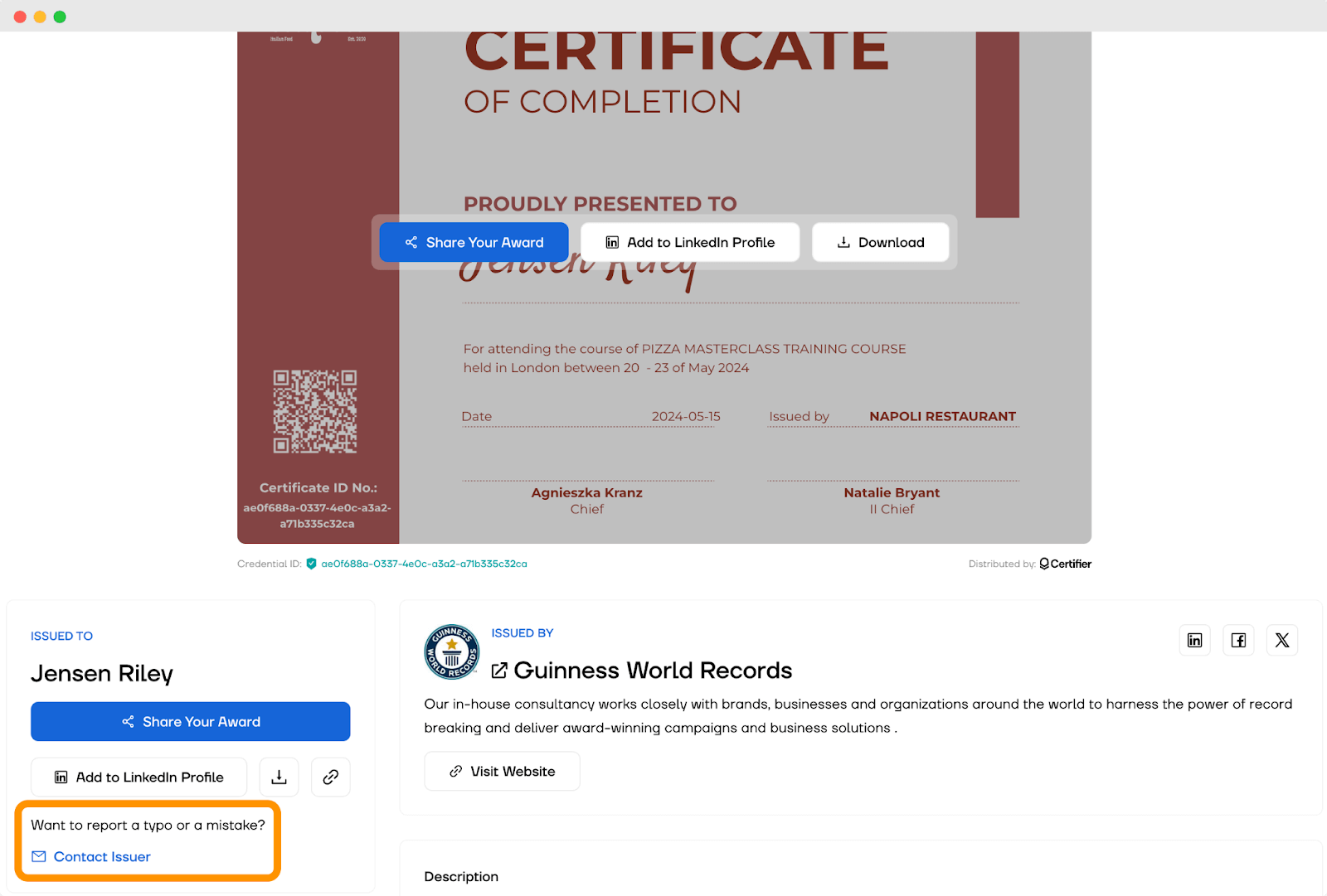 The digital wallet with the option to report a typo or mistake on the homemade certificate template.