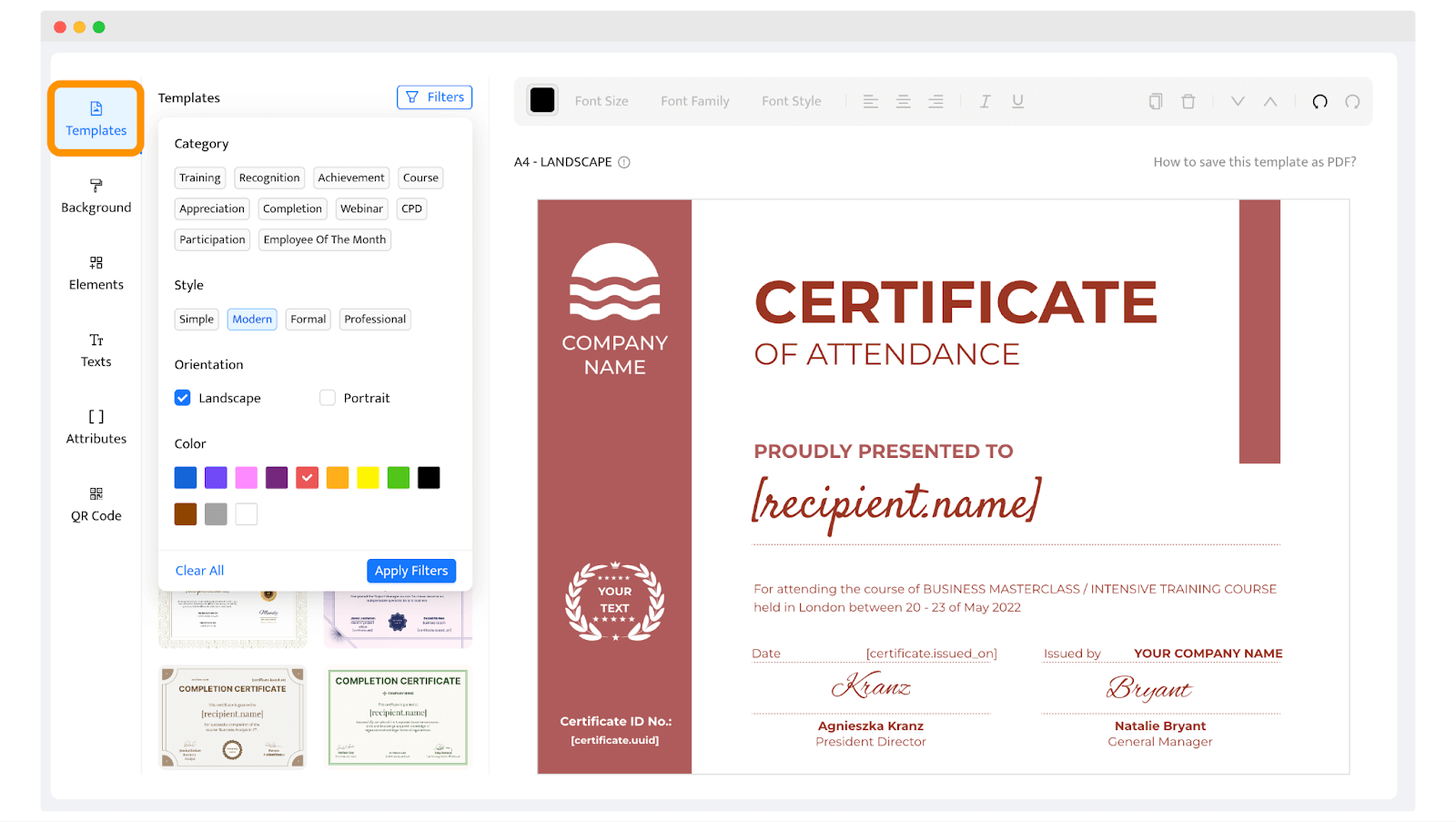 Changing the colors and adjusting the DIY certificate design template within the Certifier’s editor.