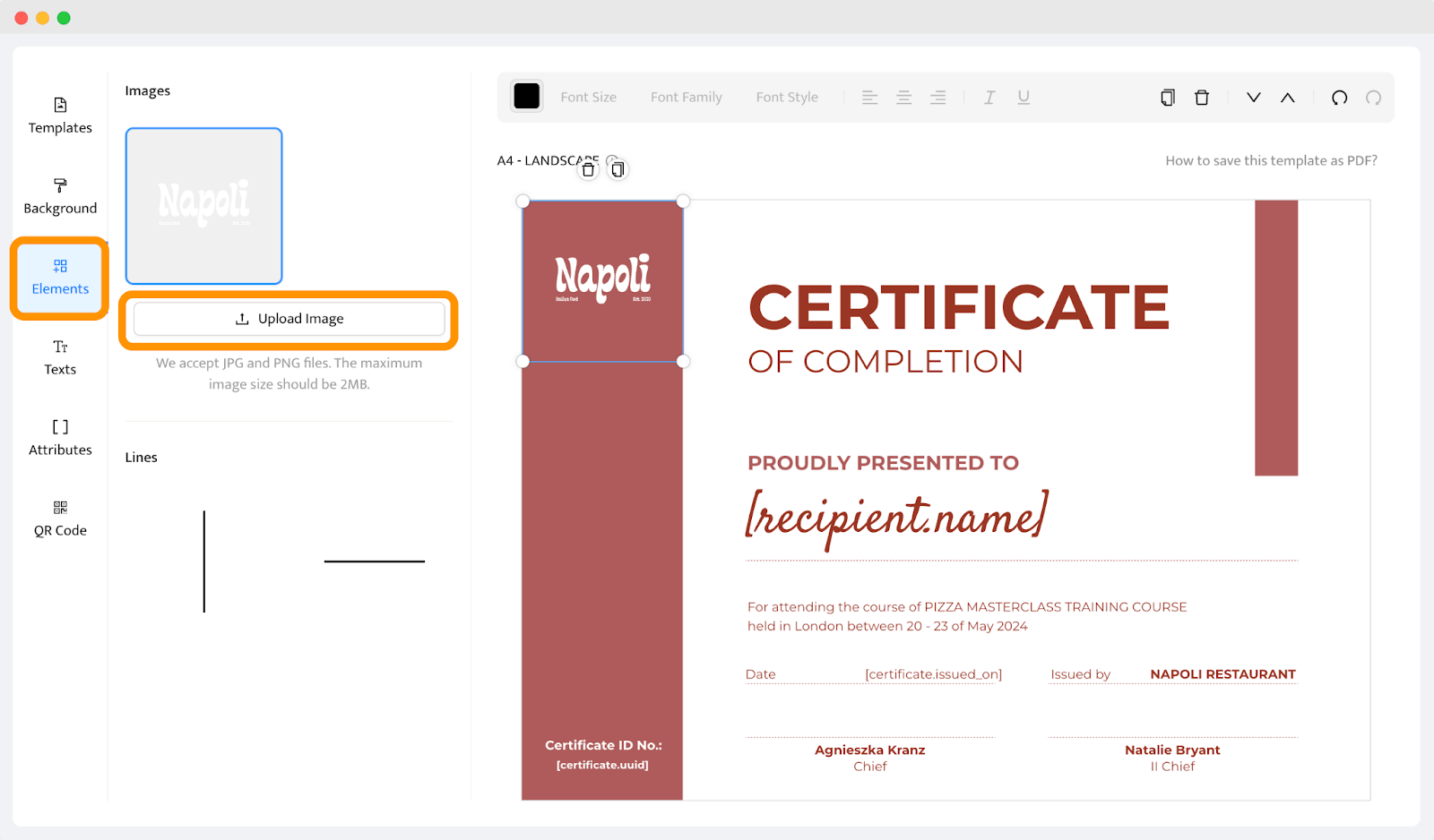 Uploading an image to the Certifier editor to upload the company’s logo.