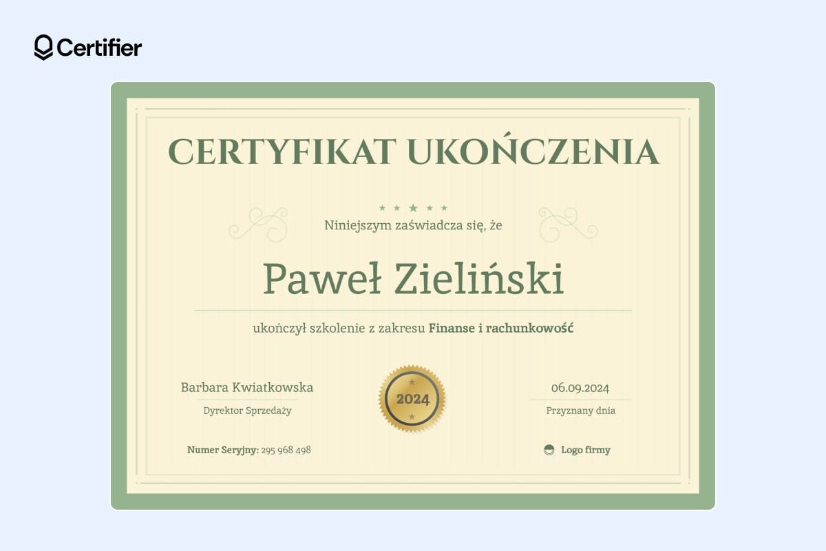 Zielony wzór certyfikatu szkolenia