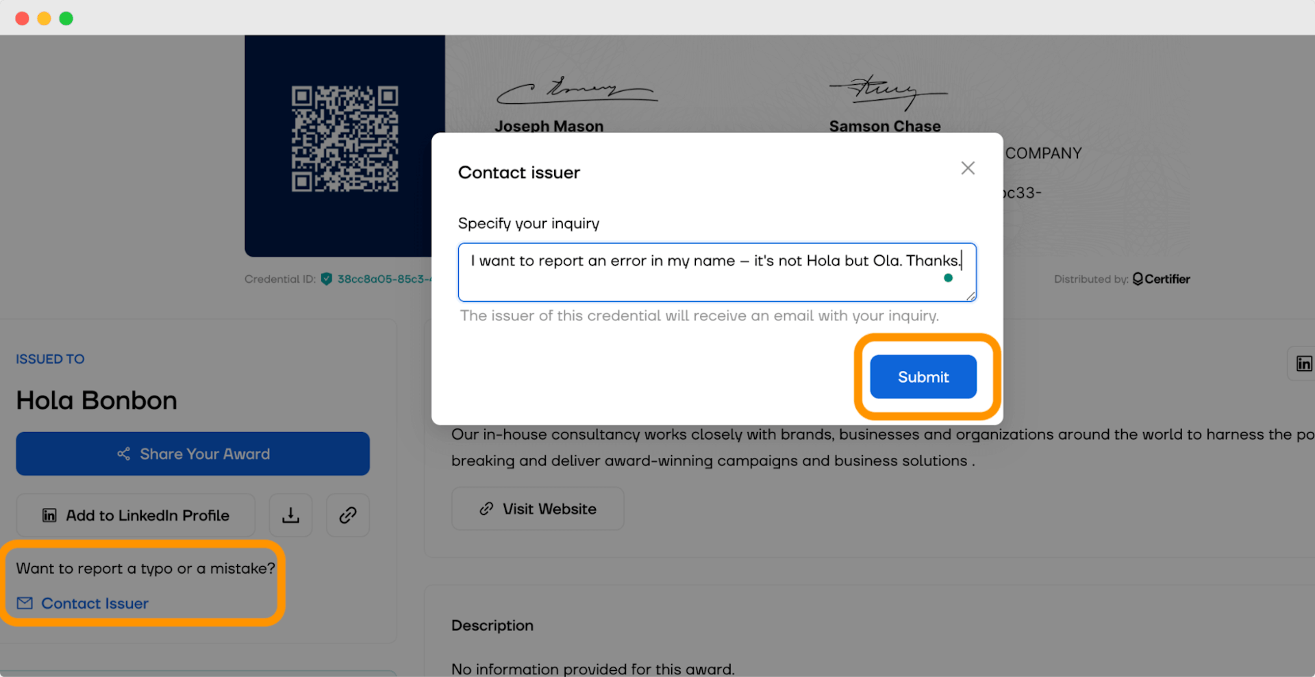 Reporting a problem with digital credential within the Certifier digital wallet.