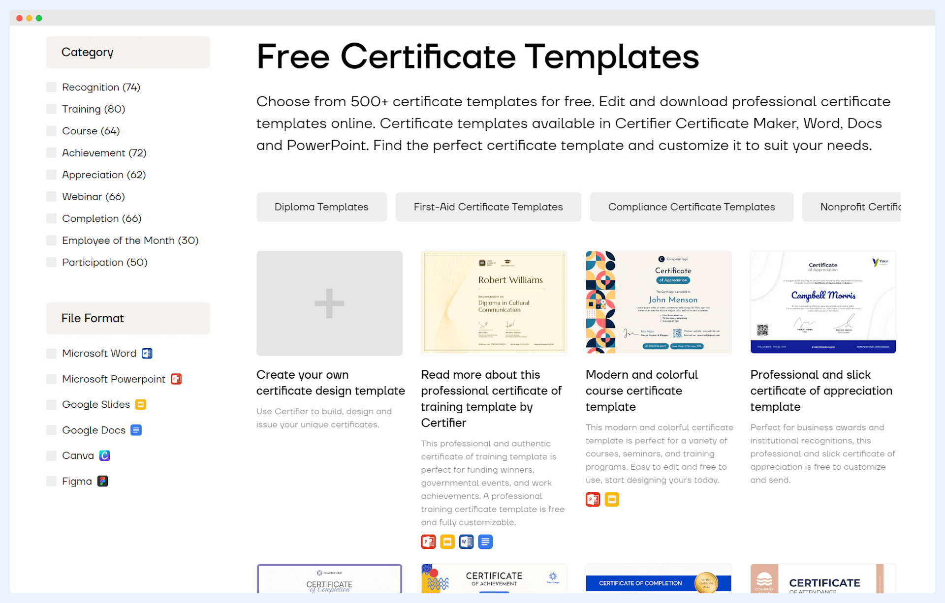 Certifier’s gallery with free customizable templates.