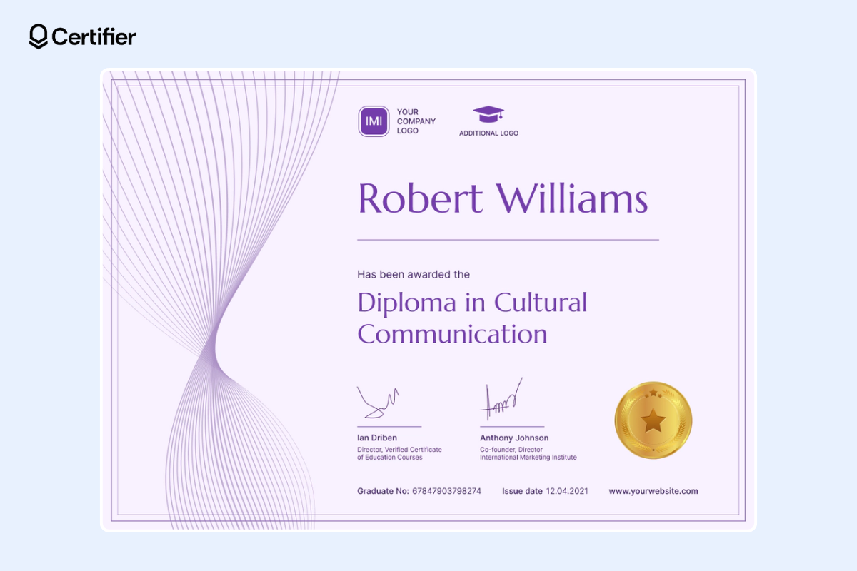 Dynamic Powerpoint certificate template for free download with dynamic lines and a golden badge.