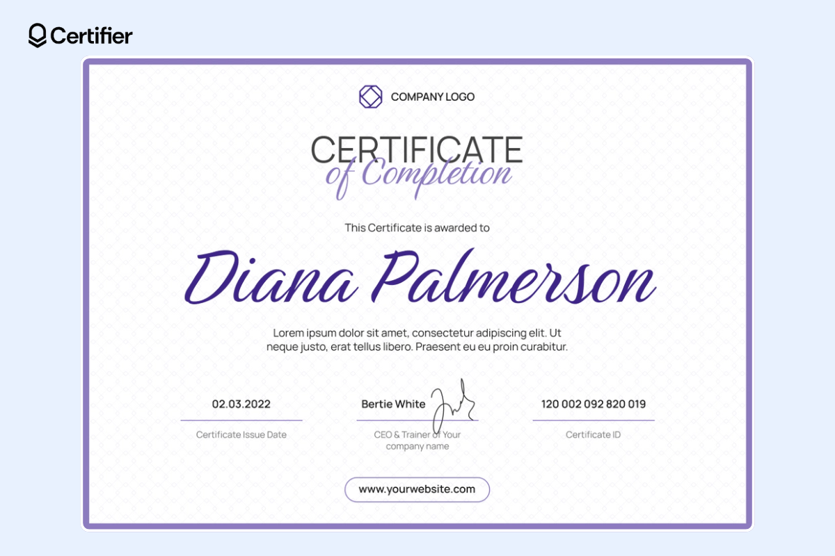 Simple violet free powerpoint certificate template with organized layout and dedicated place for date and issuer's company logo.