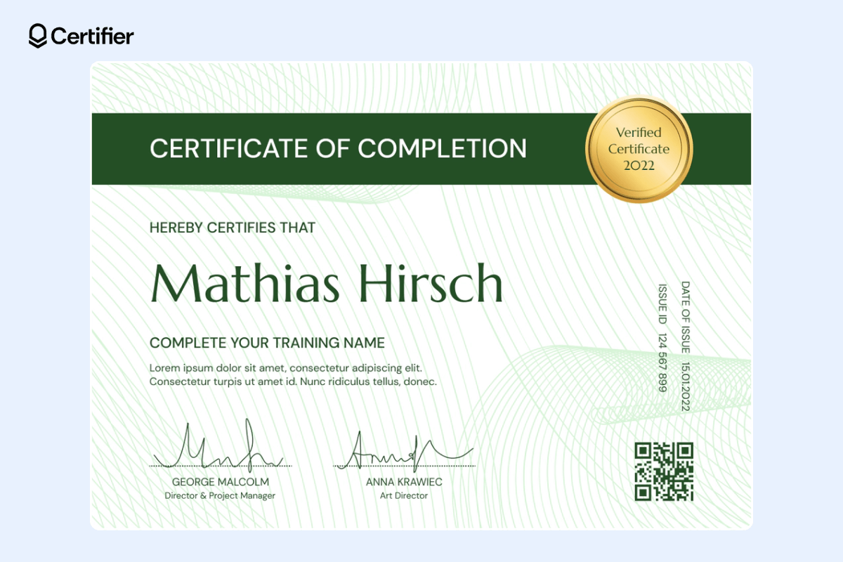 Green Google Slides certificate template with a QR code and a golden badge.