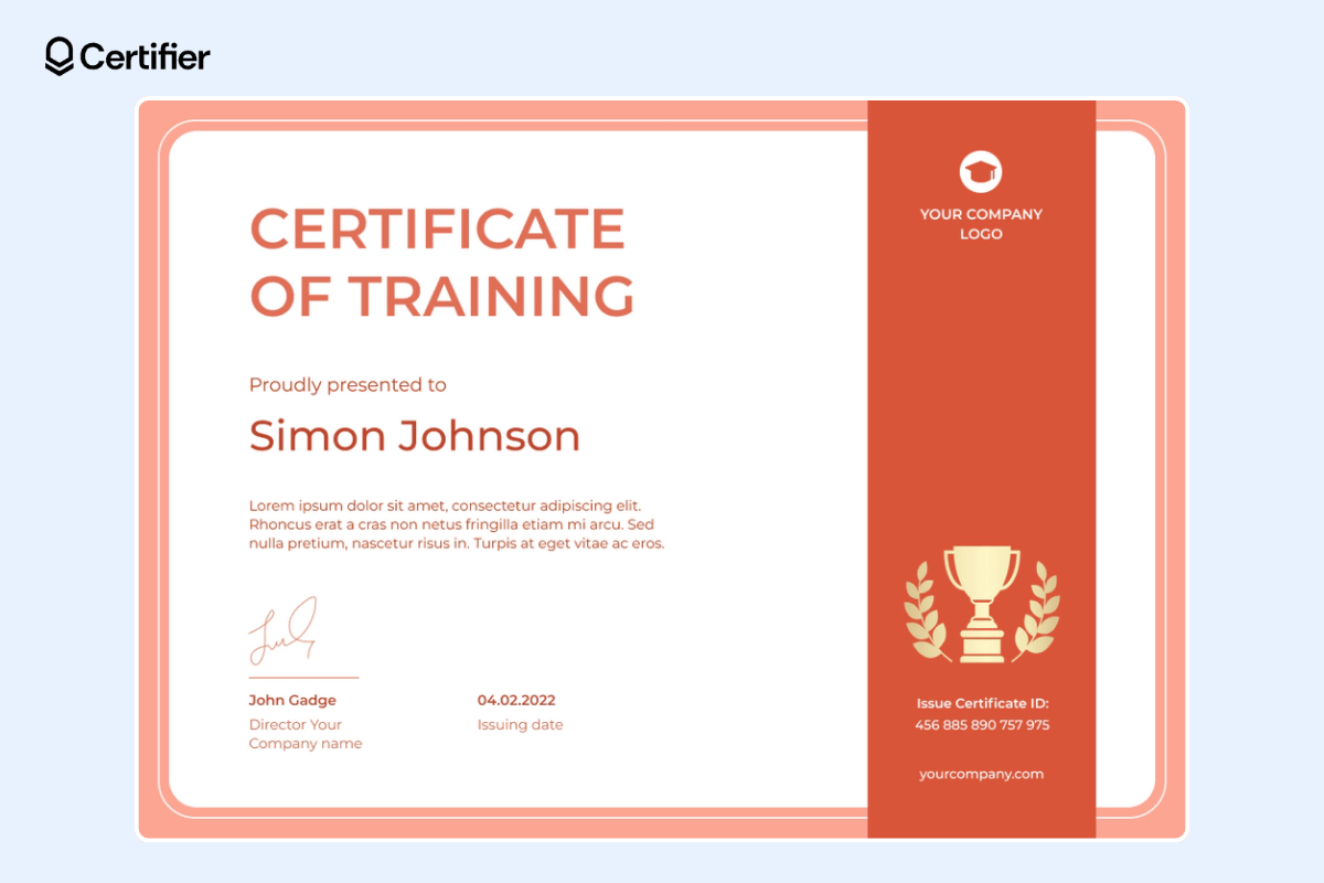 Simple Google Slides certificate of training template with the ribbon at the right side of the certificate.