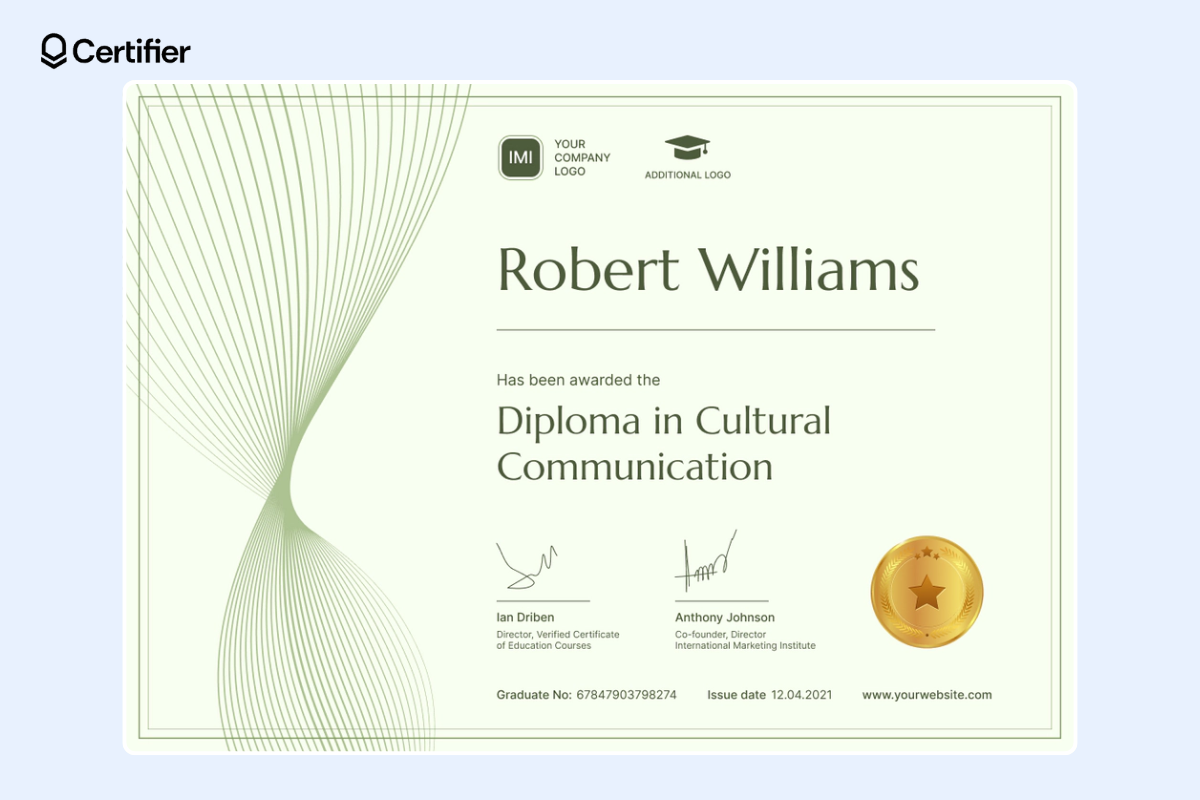 Green, modern certificate template for Google Slides with dynamic lines and golden badge at the right corner.